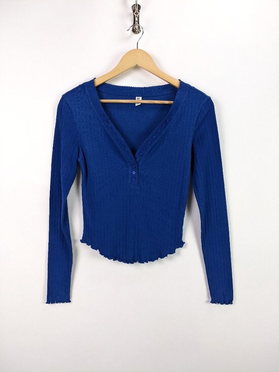 bp Tops - BP. Womens V-neck with Open Button-detail Placket Long Sleeve Top Royal blue - S